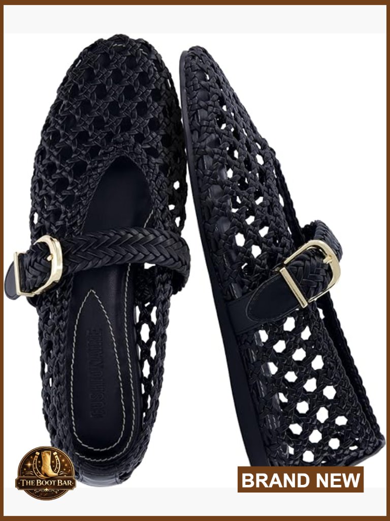 Hand Woven Mary Jane Ballet Flats With Adjustable Buckle, Cushioned Memory Foam